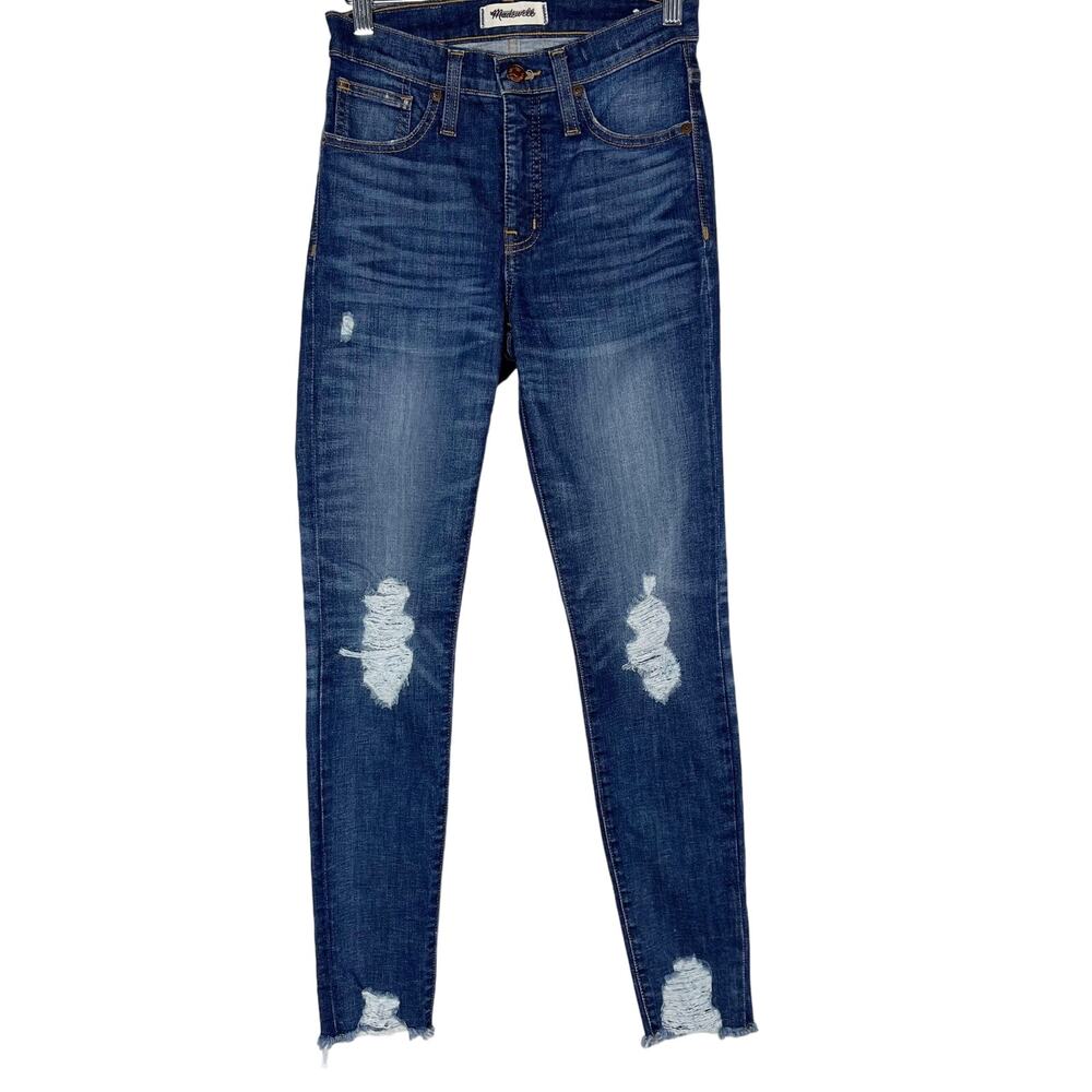 Madewell Womens 25 9" High Rise Skinny Jeans Destructed Ripped Fray Dark Wash